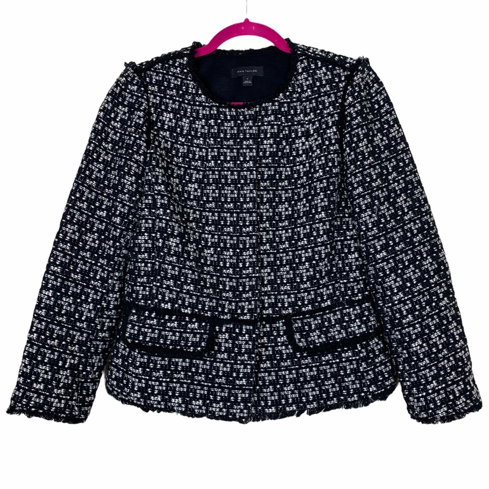 Ann Taylor Tweed Fringe Snap Button Blazer Jacket